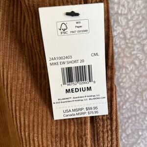 BILLABONG milk chocolate brown corduroy drawstring shorts. Size medium.
